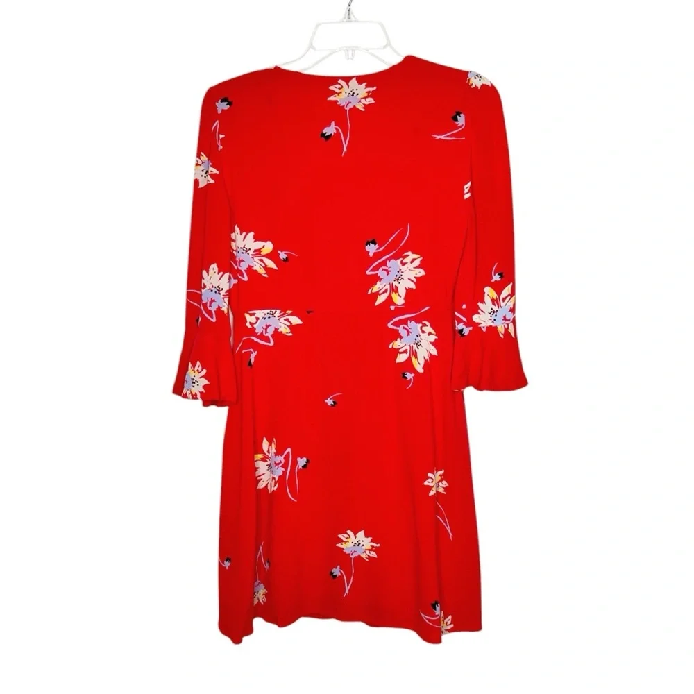Free People Time On My Side Boho Faux Wrap Mini Dress S Red Floral Flare Sleeve